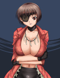 Rule 34 | 1girl, arms under breasts, black gloves, breast hold, breasts, brown eyes, brown hair, cleavage, collar, collarbone, eyepatch, female focus, gloves, huge breasts, jacket, jewelry, large breasts, looking at viewer, mary (vampire panic), matching hair/eyes, navel, necklace, no bra, open clothes, open jacket, parted lips, red jacket, short hair, solo, syunzou, tooth necklace, upper body, vampire panic