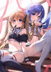 Rule 34 | 2girls, bare shoulders, black panties, black shirt, black thighhighs, blonde hair, blue hair, brown hair, commentary request, crop top, detached sleeves, frills, grabbing another&#039;s hair, holding, holding hair, kurone (suimya), long hair, looking at viewer, mouth hold, multiple girls, navel, original, panties, purple eyes, purple hair, ribbon, shirahana (suimya), shirt, short sleeves, sitting, stomach, suimya, thigh strap, thighhighs, thighs, twintails, underwear, very long hair, white thighhighs, wrist cuffs