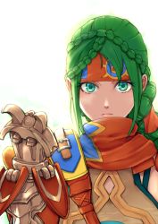 Rule 34 | 1girl, anne (star ocean), anne petriceani, braid, braided bangs, chienon, clenched hand, crown braid, expressionless, gauntlets, green eyes, green hair, headband, long hair, looking at viewer, matching hair/eyes, scarf, solo, star ocean, star ocean integrity and faithlessness, upper body, white background