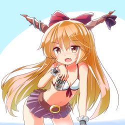 Rule 34 | 1girl, beer can, bent over, bikini, bikini top only, blue skirt, blush, bow, breasts, can, cleavage, collarbone, drink can, eyebrows, fang, frills, hair between eyes, hair bow, holding, horn ornament, horn ribbon, horns, ibuki suika, long hair, lowres, matching hair/eyes, microskirt, miniskirt, navel, oni, orange eyes, orange hair, pleated skirt, purple ribbon, purple skirt, red bow, ribbon, ryogo, simple background, skirt, small breasts, soda can, solo, stomach, swimsuit, touhou, two-tone background, white bikini, wrist cuffs, zun