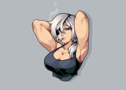 Rule 34 | 1girl, armpits, arms up, black tank top, breasts, chainsaw man, cigarette, cleavage, dih pixels, eyepatch, grey background, large breasts, long hair, looking at viewer, muscular, muscular female, pixel art, ponytail, quanxi (chainsaw man), shirt, simple background, smoke, smoking, solo, tank top, upper body