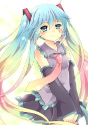 Rule 34 | 1girl, 3535carrot, bad id, bad pixiv id, blush, detached sleeves, gradient hair, hatsune miku, long hair, multicolored hair, necktie, skirt, smile, solo, twintails, uguisu mochi (ykss35), very long hair, vocaloid