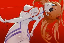 Rule 34 | 1girl, arched back, ass, blue eyes, bodysuit, breasts, brown hair, chimjoljol (cute goblin), covered erect nipples, curvy, evangelion: 3.0+1.0 thrice upon a time, eyepatch, from behind, highres, interface headset, long hair, looking at viewer, looking back, medium breasts, neon genesis evangelion, nipples, one-eyed, pilot suit, plugsuit, rebuild of evangelion, red background, shiny clothes, simple background, skin tight, solo, souryuu asuka langley, teeth, twintails, two side up, white bodysuit