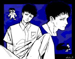 Rule 34 | 1boy, black border, black hair, blood, blue background, border, breast pocket, fear &amp; hunger, fear &amp; hunger 2: termina, frown, greyscale with colored background, highres, instrument, kocho 15, levi (fear &amp; hunger), looking at viewer, looking to the side, music, nosebleed, piano, playing instrument, playing piano, pocket, short hair, short sleeves, sitting, sweat