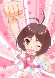 Rule 34 | 1girl, ahoge, arm up, blush, breasts, cleavage, clenched hands, cute &amp; girly (idolmaster), foreshortening, from above, gloves, hidaka ai, idolmaster, idolmaster dearly stars, nokia (harusion), one eye closed, open mouth, parody, raised fist, smile, solo, ultra series, ultraman, wink