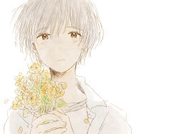 Rule 34 | 1boy, bad id, bad tumblr id, bouquet, closed mouth, collared shirt, flower, grey hair, hair between eyes, hands up, highres, holding, holding bouquet, itunohika, leaf, looking at viewer, male focus, negative space, open clothes, orange eyes, original, petals, sad, shirt, simple background, solo, tareme, upper body, white background, wind, yellow flower