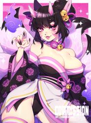 Rule 34 | 1girl, animal ears, bare shoulders, bell, black hair, black nails, breasts, cleavage, collarbone, commission, cookie hana, eyeshadow, fangs, fingernails, fox ears, fox tail, highres, horns, large breasts, looking at viewer, makeup, neck bell, original, parted lips, pink eyes, pink eyeshadow, sharp fingernails, short hair, solo, tail, tongue, tongue out