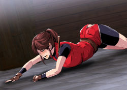 Rule 34 | 1girl, ass, bike shorts, blush, breasts, brown eyes, brown hair, checkered floor, claire redfield, crotchless, denim, fingerless gloves, floor, gloves, greco roman (spiral brain), high ponytail, highres, indoors, jacket, legs, legs together, looking at viewer, lying, on stomach, open mouth, ponytail, resident evil, resident evil 2, short shorts, shorts, solo, thighs, top-down bottom-up