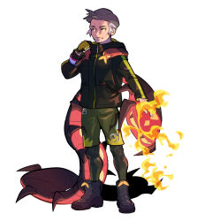Rule 34 | 1boy, alternate costume, black eyes, black footwear, boots, centiskorch, closed mouth, commentary, creatures (company), dynamax band, evolutionary line, fire, game freak, gen 8 pokemon, gloves, green shorts, grey hair, hand up, headpat, high collar, highres, jacket, kabu (pokemon), leggings, long sleeves, male focus, nintendo, on shoulder, pokemon, pokemon (creature), pokemon on shoulder, pokemon swsh, redlhzz, short hair, shorts, single glove, sizzlipede, standing, white background