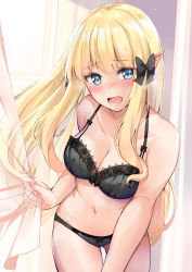 Rule 34 | 1girl, bare shoulders, black bow, black bra, black panties, blonde hair, blue eyes, blush, bow, bra, breasts, cleavage, elf, highres, konka, lace, lace-trimmed bra, lace trim, large breasts, long hair, looking at viewer, navel, open mouth, panties, pointy ears, princess connect!, saren (princess connect!), sidelocks, solo, thighs, underwear, underwear only