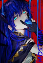 Rule 34 | 1girl, a0lp, arknights, black gloves, blue hair, blue tongue, close-up, colored tongue, cunnilingus gesture, english text, gloves, hair between eyes, hand on own shoulder, highres, horns, long hair, looking at viewer, mostima (arknights), mostima (spellbreaker) (arknights), official alternate costume, open mouth, partially fingerless gloves, red background, signature, solo, tongue, tongue out