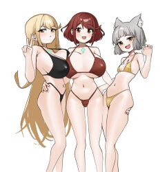Rule 34 | 3girls, animal ears, bikini, breasts, cat ears, fried bocky, highres, large breasts, multiple girls, mythra (xenoblade), nia (xenoblade), pyra (xenoblade), small breasts, swimsuit, xenoblade chronicles (series), xenoblade chronicles 2