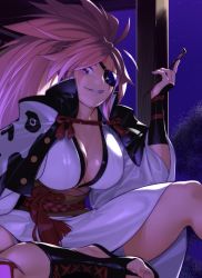 Rule 34 | 1girl, akisa yositake, baiken, breasts, eyepatch, facial mark, grin, guilty gear, guilty gear xrd, highres, japanese clothes, kimono, large breasts, long hair, looking at viewer, night, night sky, pink hair, ponytail, rope, sash, scar, scar across eye, scar on face, shaded face, sitting, skull print, sky, smile, smoking pipe, solo, star (sky), starry sky, teeth, thick thighs, thighs, tree