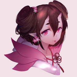 Rule 34 | 1girl, :p, brown hair, character request, flower, hair between eyes, hair flower, hair ornament, horns, japanese clothes, kimono, looking at viewer, onmyoji, pink background, pink eyes, pink flower, pointy ears, portrait, skin-covered horns, solo, sylvia (huajiuhuajiu), thick eyebrows, tongue, tongue out, upper body