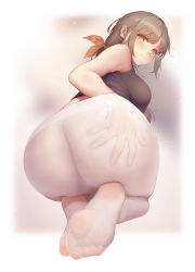 Rule 34 | 1girl, ass, bigxixi, black shirt, breasts, brown hair, chinese commentary, closed mouth, commentary request, feet, foot focus, foreshortening, full body, hair ribbon, hand in pantyhose, highres, kneehighs, leaning forward, long hair, looking at viewer, looking back, medium breasts, no shoes, orange ribbon, original, pantyhose, ribbon, see-through, shirt, sleeveless, sleeveless shirt, socks, soles, solo, white pantyhose, yellow eyes