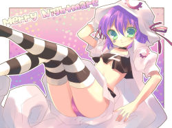 Rule 34 | 1girl, bad id, bad pixiv id, breasts, choker, cleavage, female focus, gradient background, green eyes, hand on headwear, hat, kosuzume, merry nightmare, midriff, panties, purple hair, short hair, small breasts, smile, solo, striped clothes, striped thighhighs, thighhighs, underwear, yumekui merry
