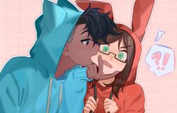 !? 2boys absurdres animal_ears animal_hood animification aqua_hoodie badboyhalo biting biting_cheek black_hair blush brown_eyes brown_hair cat_ears cat_hood chinese_commentary cihuabinggan commentary_request couple dark-skinned_male dark_skin drawstring drawstring_pull fake_animal_ears flustered glasses hand_on_another&#039;s_face highres hood hood_up hoodie interracial male_focus medium_hair minecraft_youtube multiple_boys open_mouth outline rabbit_ears rabbit_hood real_life red_hoodie short_hair skeppy spoken_interrobang surprised upper_body white_outline yaoi