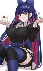 Rule 34 | 1girl, absurdres, blue hair, blunt bangs, bow, breasts, cake, colored inner hair, food, fork, gothic lolita, green eyes, hair bow, highres, large breasts, lolita fashion, long hair, long sleeves, looking at viewer, multicolored hair, mushioicharax, panty &amp; stocking with garterbelt, pink hair, puffy long sleeves, puffy sleeves, shirt, solo, stocking (psg), striped clothes, striped leggings, striped thighhighs, thighhighs, thighs, two-tone hair, very long hair, white background, white shirt