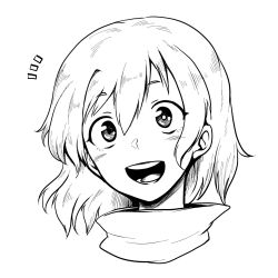 Rule 34 | 1girl, :d, blush, commentary request, greyscale, hair between eyes, heterochromia, highres, himajin noizu, looking at viewer, monochrome, notice lines, open mouth, portrait, simple background, smile, solo, white background