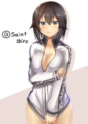 Rule 34 | 10s, 1girl, black eyes, black hair, blush, bottomless, breast hold, breasts, cleavage, clothes tug, collarbone, covering privates, covering crotch, cowboy shot, hayasui (kancolle), highres, jacket, jacket tug, kantai collection, large breasts, long sleeves, looking at viewer, naked jacket, saintshiro, short hair, simple background, smile, solo, thighs, track jacket, twitter username
