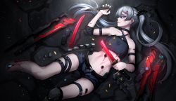 Rule 34 | 1girl, abs, absurdres, android, arm strap, asagon007, belt, black nails, black shorts, bleeding, blood, broken, broken sword, broken weapon, buckle, combat knife, crop top, cyborg, damaged, deep wound, elbow pads, grey hair, hair ornament, hairclip, highres, huge filesize, injury, katana, knife, light particles, light rays, long hair, lying, mechanical parts, nail polish, on back, open mouth, original, short shorts, shorts, sidelocks, single elbow pad, sword, thigh strap, twintails, weapon