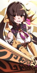 Rule 34 | 1girl, bare shoulders, blush, braid, breasts, brown hair, cape, detached sleeves, ecliygame, eyes visible through hair, hair ornament, hair ribbon, highres, holding, holding sword, holding weapon, honkai: star rail, honkai (series), long hair, looking at viewer, low twintails, medium breasts, open mouth, orange eyes, ribbon, solo, sushang (honkai: star rail), sword, tassel, tassel hair ornament, twintails, very long hair, weapon