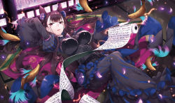 Rule 34 | 1girl, black dress, blush, breasts, brown hair, commentary request, cone hair bun, double bun, dress, fate/grand order, fate (series), frills, gabiran, hair between eyes, hair bun, hair ornament, indoors, large breasts, long hair, long sleeves, looking at viewer, lying, magic, murasaki shikibu (fate), on back, parted lips, puffy sleeves, purple eyes, scroll, sleeves past wrists, solo, two side up, very long hair