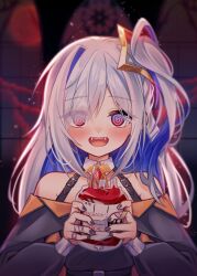 Rule 34 | 1girl, :d, @ @, absurdres, amane kanata, bandaid, bandaid on hand, bare shoulders, belt, belt buckle, black belt, black dress, blood, blood bag, blue hair, blurry, blurry background, blush, buckle, close-up, cloud, colored inner hair, commentary, depth of field, detached collar, dress, english text, eyelashes, fangs, film grain, hair over one eye, halloween, halloween costume, halo, highres, hololive, indoors, long hair, moon, multicolored hair, off-shoulder dress, off shoulder, open mouth, orange dress, portrait, purple sky, red eyes, red moon, red sky, saeyann, side ponytail, single hair intake, sky, smile, solo, sparkle, star halo, streaked hair, two-tone dress, upper body, vampire, virtual youtuber, white hair, window