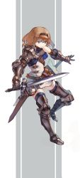 Rule 34 | 1girl, absurdres, armor, belt, belt buckle, blue eyes, blue legwear, braid, brown belt, brown hair, brown hairband, buckle, closed mouth, gauntlets, greaves, greentanuki, grey background, hairband, highres, holding, holding sword, holding weapon, original, pauldrons, scabbard, sheath, sheathed, shoulder armor, solo, sword, two-tone background, vambraces, weapon, white background