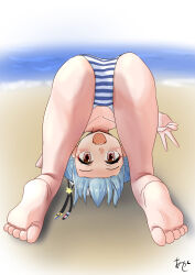 Rule 34 | 1girl, akashieru, all fours, artist name, ass, barefoot, beach, bikini, blue hair, brown eyes, commentary request, double bun, frontbend, hair bun, hat, hat ribbon, highres, kantai collection, looking at viewer, looking through own legs, ocean, ribbon, samuel b. roberts (kancolle), short hair, solo, striped bikini, striped clothes, swimsuit, v, water