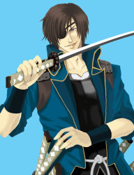 Rule 34 | 1boy, armor, brown hair, date masamune (sengoku basara), eyepatch, katana, lullva, male focus, sengoku basara, solo, sword, weapon