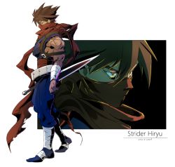 Rule 34 | 1boy, bandaged arm, bandaged leg, bandages, bare shoulders, brown eyes, brown hair, capcom, character name, copyright name, closed eyes, hair between eyes, holding, holding sword, holding weapon, long hair, long scarf, mask, mouth mask, multiple views, muscular, muscular male, ninja, osanpogakari, red scarf, reverse grip, scarf, strider (video game), strider hiryuu, sword, torn, torn clothes, torn scarf, walking, weapon
