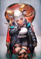 Rule 34 | 1girl, animal ears, arknights, artist name, bandaged leg, bandages, black coat, black gloves, black skirt, blunt bangs, breasts, bright pupils, carnelian (arknights), closed mouth, coat, commission, cosplay, crossed legs, dark-skinned female, dark skin, doctor (arknights), doctor (arknights) (cosplay), feet out of frame, gloves, goat ears, goat girl, goat horns, hand on own face, highres, horns, indoors, large breasts, long sleeves, looking at viewer, miniskirt, open clothes, open coat, pleated skirt, red eyes, shirt, short hair, silver hair, sitting, skeb commission, skirt, smile, solo, thighlet, throne, wanko (realsight), white shirt