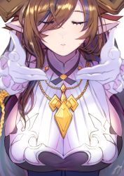 Rule 34 | 1girl, breasts, brown hair, eyelashes, closed eyes, eyes visible through hair, galleon (granblue fantasy), gloves, gollizo, granblue fantasy, highres, jewelry, large breasts, long hair, looking at viewer, necklace, outstretched arms, parted lips, pointy ears, sideboob, simple background, solo, white gloves