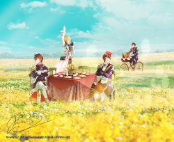 Rule 34 | 4boys, armor, baguette, bicycle, bicycle basket, black gloves, blonde hair, boots, bread, brown hair, charleville (senjuushi), chassepot (senjuushi), crossed arms, crossed legs, day, field, flower, food, fusui, gloves, gras (senjuushi), hat, male focus, military, military uniform, multiple boys, official art, outdoors, riding, riding bicycle, senjuushi: the thousand noble musketeers rhodoknight, senjuushi (series), shoulder armor, signature, single glove, sitting, sky, tabatiere (senjuushi), table, tablecloth, tea, uniform, waving