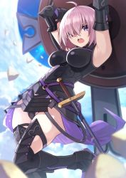 Rule 34 | 1girl, armor, armored dress, armpits, arms up, black legwear, blue sky, breasts, day, elbow gloves, fate/grand order, fate (series), gauntlets, gloves, hair over one eye, highleg, highleg leotard, highres, holding, holding shield, large breasts, leotard, light purple hair, looking at viewer, mash kyrielight, open mouth, purple eyes, shield, short hair, sky, solo, sword, takoneru, weapon