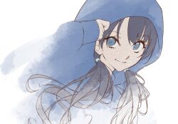 Rule 34 | 1girl, adjusting hood, arm up, azukilib, black hair, blue eyes, blue sweater, closed mouth, female focus, flat color, hair tie, happy, hood, hood up, hooded sweater, link! like! love live!, long hair, long sleeves, looking at viewer, love live!, murano sayaka, simple background, smile, solo, split mouth, sweater, twintails, upper body, white background