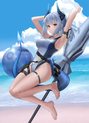 Rule 34 | 1girl, absurdres, arknights, arm strap, ball, barefoot, beach, beachball, blue hair, blue one-piece swimsuit, blue sky, blue umbrella, cellphone, cloud, cloudy sky, competition swimsuit, covered navel, day, dragon horns, dragon tail, earbuds, earphones, full body, highres, holster, horns, light blue hair, liskarm (arknights), long hair, multicolored clothes, multicolored swimsuit, one-piece swimsuit, phone, ponytail, red eyes, sky, smartphone, solo, sthk, swimsuit, tail, thigh strap, umbrella, white one-piece swimsuit