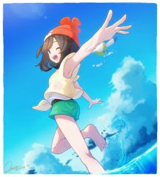 Rule 34 | 1girl, ;d, armpits, barefoot, beanie, bird, black hair, blue eyes, blue sky, cloud, cloudy sky, creatures (company), day, game freak, green shorts, hat, highres, miu (miuuu 721), nintendo, ocean, one eye closed, open mouth, outstretched arm, pokemon, pokemon sm, red hat, selene (pokemon), short hair, shorts, signature, sky, sleeveless, smile, solo, standing, standing on one leg, twitter username