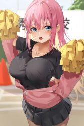 Rule 34 | 1girl, absurdres, black shirt, black skirt, blue eyes, blush, bocchi the rock!, breasts, collarbone, gotoh hitori, hands up, highres, large breasts, long hair, looking at viewer, miniskirt, open mouth, pink hair, pleated skirt, pom pom (cheerleading), raised eyebrows, shirt, skirt, solo, sweat, t-shirt, tears, yamamoto (ymmt is sexy)