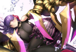 1girl bare_shoulders breasts bubble claw_(weapon) claws commentary_request fate/extra fate/extra_ccc fate/grand_order fate_(series) feet_out_of_frame hair_ribbon huge_breasts looking_at_viewer lying o-ring o-ring_top on_floor on_side pantyhose passionlip_(fate) pink_ribbon purple_eyes purple_hair renka_(renkas) ribbon solo tearing_up weapon