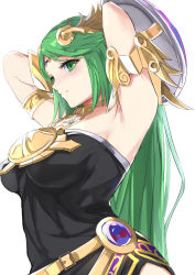 Rule 34 | 1girl, alternate color, ancient greek clothes, armlet, armpits, arms behind head, arms up, black dress, breasts, buckler, chiton, circlet, closed mouth, dress, green eyes, green hair, highres, jewelry, kid icarus, long hair, medium breasts, neck ring, necklace, nintendo, palutena, shield, simple background, smile, solo, straight hair, strapless, strapless dress, super smash bros., tomas (kaosu22), very long hair, white background