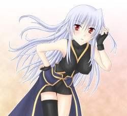 Rule 34 | 1girl, blush, fingerless gloves, gloves, lyrical nanoha, mahou shoujo lyrical nanoha, mahou shoujo lyrical nanoha a&#039;s, red eyes, reinforce, silver hair, single thighhigh, solo, sooichi (diabolicemission), thighhighs