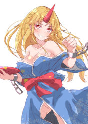 Rule 34 | 1girl, bare shoulders, blonde hair, blue kimono, blush, bow, breasts, chain, cleavage, clenched hand, collarbone, commentary request, cowboy shot, cuffs, cup, grin, hand up, head tilt, highres, holding, holding cup, horns, hoshiguma yuugi, hoshiguma yuugi (kimono), japanese clothes, kimono, large breasts, long hair, looking at viewer, mukkushi, no panties, off shoulder, pointy ears, red bow, red eyes, sakazuki, shackles, simple background, single horn, smile, solo, standing, star (symbol), star print, touhou, v-shaped eyebrows, white background