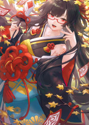 Rule 34 | 1girl, :d, absurdres, bare shoulders, bibimbub, black hair, black kimono, black shirt, branch, breasts, floral print, flower, flower knight girl, glasses, hair flower, hair ornament, hair rings, hand up, highres, holding, japanese clothes, kimono, long hair, long sleeves, looking at viewer, medium breasts, off shoulder, onmyoji, open mouth, red-framed eyewear, red eyes, semi-rimless eyewear, shirt, shoulder tattoo, sleeveless, sleeveless shirt, smile, solo, spider lily, spider lily print, tassel, tattoo, under-rim eyewear, wide sleeves