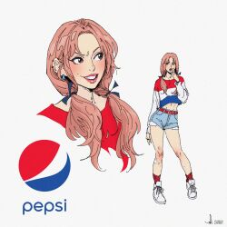 Rule 34 | 1girl, absurdres, belt, blue ribbon, commentary, denim, earrings, english commentary, hair ribbon, hand to own mouth, highres, jewelry, looking to the side, medium hair, midriff, multiple views, navel, original, parted lips, pepsi, personification, pink hair, product placement, red socks, ribbon, shirt, shoes, short shorts, shorts, signature, sillvi, simple background, sneakers, socks, standing, striped clothes, striped shirt, teeth, twintails, upper body, white background, white footwear