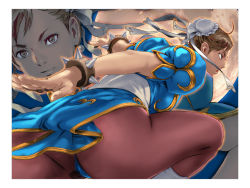 Rule 34 | 1girl, ass, bracelet, breasts, brown eyes, brown hair, bun cover, capcom, china dress, chinese clothes, chun-li, closed mouth, commentary request, double bun, dress, earrings, fingernails, full moon, gold trim, hair bun, highres, jewelry, lips, looking away, medium breasts, moon, multiple views, panties, pantyhose, puffy short sleeves, puffy sleeves, short sleeves, simple background, solo, spiked bracelet, spikes, street fighter, street fighter ii (series), underwear, yasuda akira