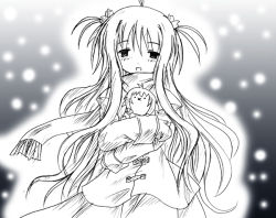 Rule 34 | 00s, 1girl, ahoge, blush, buttons, coat, cowboy shot, crossed arms, eyebrows, gloves, hanyuu, higurashi no naku koro ni, long hair, long sleeves, looking at viewer, monochrome, open mouth, scarf, skirt, sleeves rolled up, smile, snow, snowing, solo, standing, very long hair, winter, winter clothes, winter coat