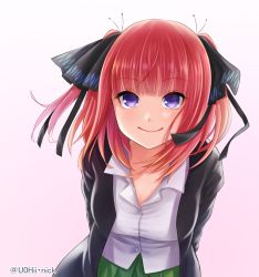 Rule 34 | 1girl, arms behind back, black cardigan, black ribbon, blue eyes, blunt bangs, blush, breasts, butterfly hair ornament, cardigan, cleavage, collarbone, go-toubun no hanayome, gradient background, green skirt, hair ornament, highres, large breasts, leaning forward, looking at viewer, nakano nino, nikku(user grkf3753), open cardigan, open clothes, partially unbuttoned, pink hair, raised eyebrows, ribbon, shirt, simple background, skirt, smile, twintails, white shirt