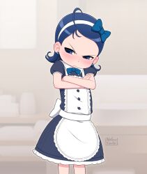 Rule 34 | 1girl, ahoge, angry, apron, artist name, back bow, blue bow, blue bowtie, blue dress, blue eyes, blue hair, blurry, blurry background, blush, bow, bowtie, buttons, child, closed mouth, commentary, cowboy shot, crossed arms, dress, earrings, english commentary, forehead, frilled apron, frilled dress, frills, hair bow, hairband, highres, jewelry, looking to the side, maid, maid apron, medium hair, mixed-language commentary, ojamajo doremi, pinkbunnyjuice, puffy short sleeves, puffy sleeves, senoo aiko, short sleeves, standing, v-shaped eyebrows, white apron, white bow, white hairband